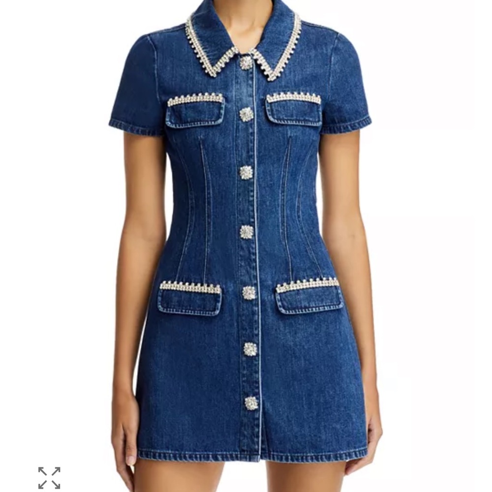 Self-Portrait Blue Denim Mini Dress with Rhinestone Details